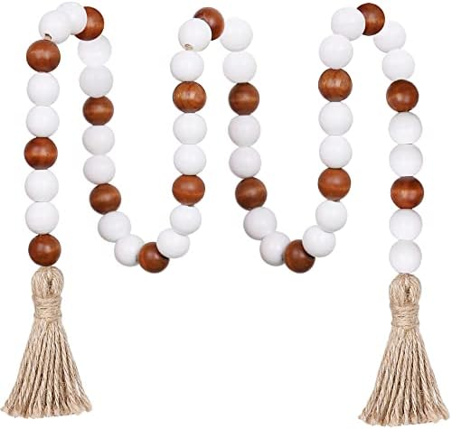 Meplait Wood Bead Garland,39in Farmhouse Beads with Tassels Boho Beads for Tiered Tray Decorative Beads Home Decor (Brown & White)