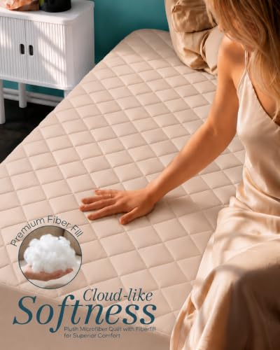 Image of Quilted Fitted Mattress Pad, Twin Mattress Protector Topper with Deep Pocket Stretches up to 16 Inches, Machine Washable Mattress Cover by Utopia Bedding (Beige)
