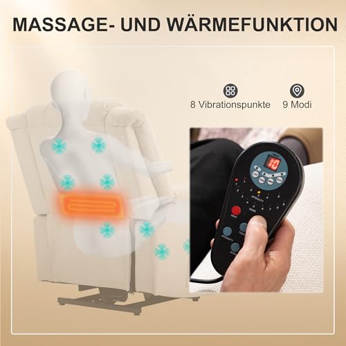HOMCOM Relaxsessel mit Aufstehhilfe Elektrisch Fernsehsessel Massagesessel mit Heizung Liegefunktion, Breite Rückenlehne TV Sessel mit Fußteil, 2 Seitentaschen für Wohnzimmer Beige – Bild 6