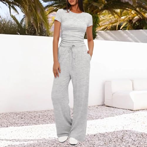 Lounge Sets for Women Casual Workout Two Piece Outfits Short Sleeve Crop Top Foldover Flare Pant Yoga Sweatsuit Outfit4