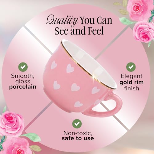 Image of Giggle & Honey Pink Heart Tea Party Set for Little Girls, Porcelain Kids Tea Set with Carry Case, Teapot Cups & Saucers, Princess Pretend Play Gifts for Girls 3, 4, 5, 6, 7, 8 Years