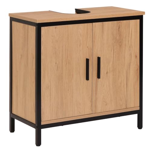 EUGAD Meuble sous Lavabo 60x30x60 cm, avec Cloison Réglable en Hauteur, Armoire sous Vasque, en Bois Artificiel Chêne et en Métal Noir