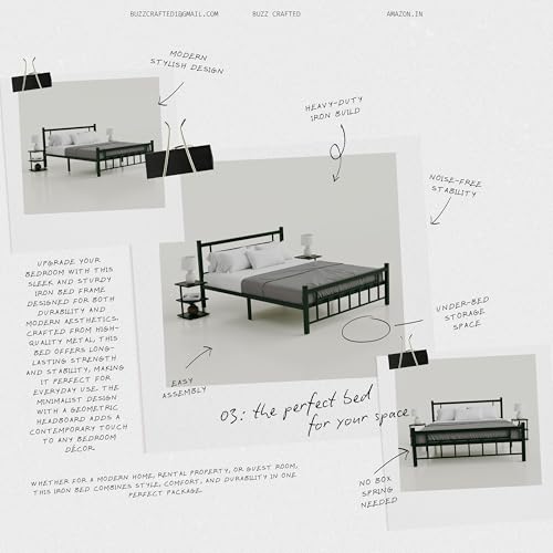 Image of Queen Size Metal Bed Frame | Queen Metal Bed | QueenSize Iron Bed | Queen Steel Bed | Heavy Duty Platform Bed | Double Bed Cot | Wrought Iron Bed | Steel Slats | No Box Spring Needed | Black