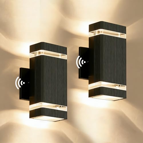 Image of JYV Square Dusk to Dawn Outdoor Wall Lights, Up and Down, Black 2 Pack | Aluminum Porch Lights with 2x7W 3000K Bulbs, Waterproof Exterior Lighting Fixtures, for House Porch Garage Patio