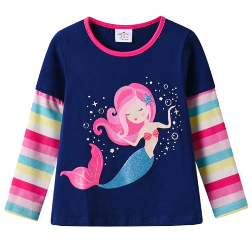 VIKITA Mädchen T-Shirt Langarm Baumwolle Meerjungfrau Girls Top Casual Kinder Kleidung Geschenke für Mädchen L3123Blau 5-6 Jahre