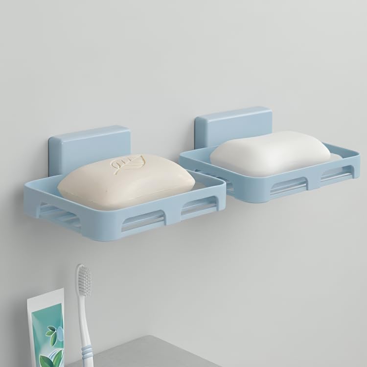 Image of Self Adhesive Soap Holder for Bathroom Wall | Plastic Soap Stand with Drain Tray | Wall Mounted Soap Dish | No Drilling Bathroom Soap Holder (02 Blue Rectangular)