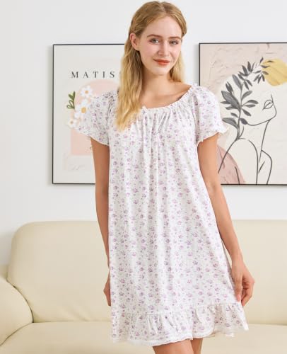 Image of Nanxson Women's Cotton Nightgown Short Sleeve Sleepwear Vintage Nightshirt | Summer Victorian Sleepdress,White Sleepshirt,U Neck Lace Loungewear,Soft Nightshirt,Loose Loungedress,Bride Nightwear