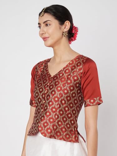 Image of studio rasa Women's Silk Blend Block Printed Button Down Readymade Top for Wedding Festive Party