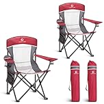 LET'S CAMP Set of 2 Camping Folding Chair Portable Outdoor Chair Mesh Back Support 160 KG Garden Chair Camp Chair for Adult with Cup Holder and Side Pocket, Red