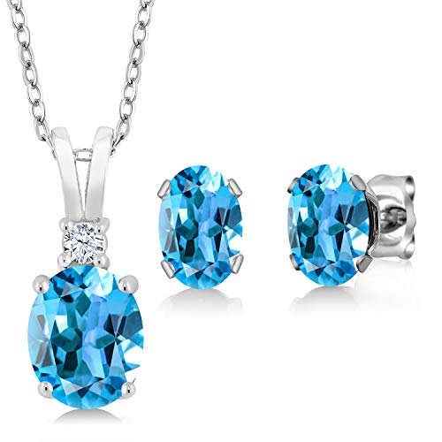 Gem Stone King Sterling Silver Swiss Blue Topaz Pendant Earrings Set (3.15 cttw, With 18 Inch Silver Chain)