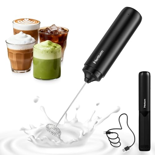 MERTTURM Recargable Espumador de Leche, Electrico Mezclador de Mano Portátil, Mini Acero Inoxidable Mezclador de Bebidas para Café, Latte, Capuchino, Matcha, Cóctel (Negro)