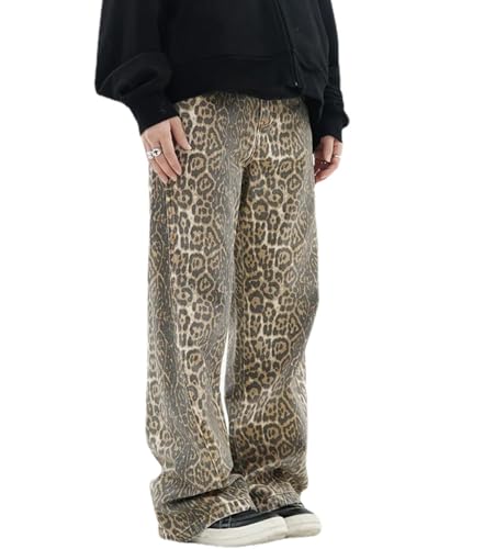 YELLOOP Leopard Print Jeans Y2k Jeans Leopard Jeans Grunge Y2k Pants Womens Baggy Jeans 2000s Leopard Pants