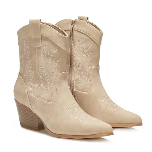 Western Cowgirl Cowboy Ankle Boots for Women or Ladies, Mid Calf, Vegan Leather Embroidered Upper, Low Heel, Fashionable Pointed-toe, Well Made3