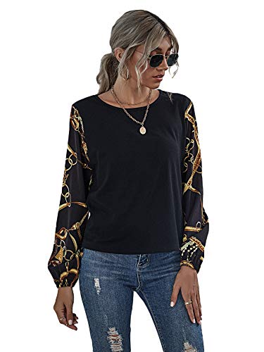 SheIn Women's Round Neck Long Sleeve Casual Leopard Tops Blouse Chain-Black Small