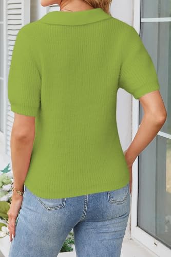 Image of Cakulo Womens Fuzzy Cropped Short Sleeve V Neck Fall Sweaters Polo Collared Knit Pullover Sweater Bright Green L