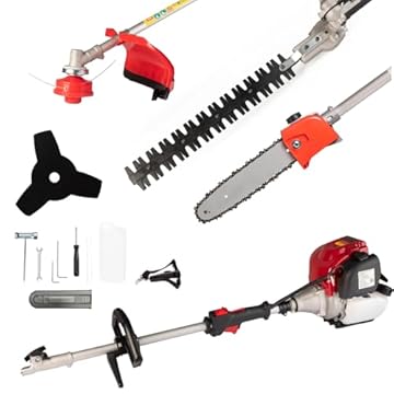 AMC Decespugliatore multifunzione a scoppio 4 in 1 motore 4 Tempi Benzina tagliasiepi troncarami e motosega testina doppio filo e disco tre denti acciaio adatto per fai da te o professionisti