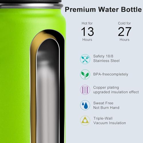 Image of koodee Water Bottle-22 oz Stainless Steel Vacuum Insulated Water Bottle with Straw Lid, Double Wall Wide Mouth Sports Water Bottle for School, BPA Free (Apple Green)