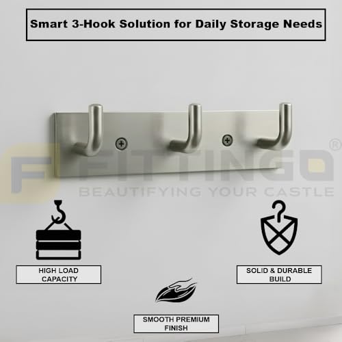 Image of Stainless Steel 3 Hook Cloth Hanger for Door /Dress Hanger Wall Mount /Bathroom Hooks for Hanging Clothes (Silver Matt) Pack of 3-| 3 Years Warranty |