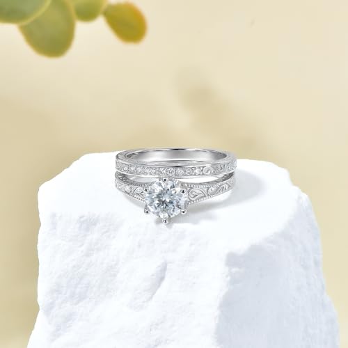 1-3 Carat Round Cut Moissanite Bridal Set Wedding Ring Engagement Ring for Women 0.072 Carat Lab Grown Diamond 925 Sterling Silver/10K/14K/18K Real Gold Custom Wedding Ring Engagement Ring Set Jewelry （D Color, VVS Clarity）2