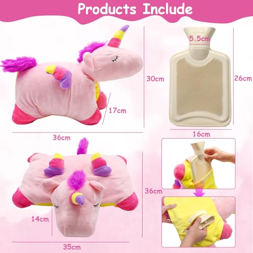 Cyiecw Unicorn Plüsch Wärmflasche Kuscheltier, 1 Liter Herausnehmbarer Innenbehälter Wärmflaschen Tier, Cartoon Fluffy Wärmflasche mit Bezug, Weiches Handwärmer für Kinder und Erwachsene