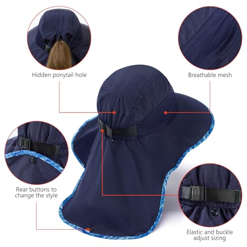 Image of BASSDASH UPF 50+ Unisex Water Resistant Wide Brim Sun Hat with Large Neck Flap Ponytail Fishing Hat for Men Women