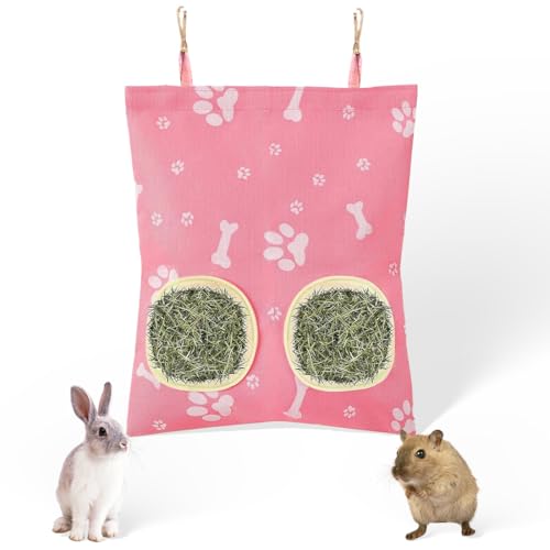 LONZIKP Saco de Heno Colgante para Pequeños Animales, Bolsa de Heno para Conejo, Estación de Comida para Conejo/Cobaya/Chinchilla (rose, 2 Ventanas)