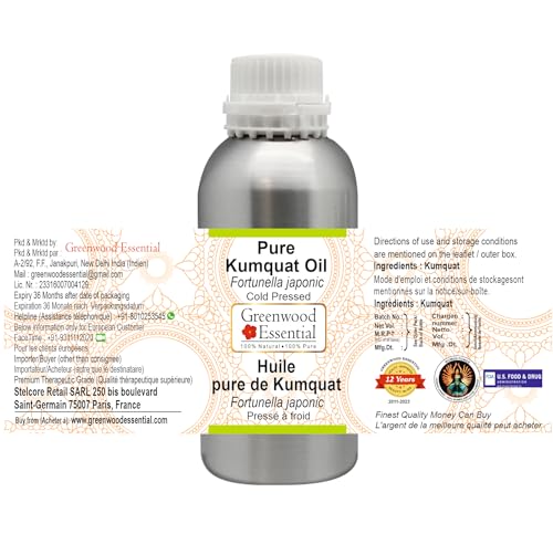 Image of Greenwood Essential Pure Kumquat Oil (Fortunella japonic) | Cold Pressed | Natural | Undiluted | For Diluting Essential Oils | For Skin & Massage | Men & Women | 630ml