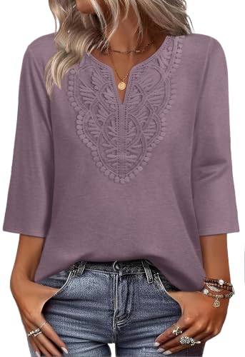 Image of WIHOLL 3 /4 Length Sleeve Womens Tops Boho V Neck Lace Shirt Trendy Blouses Dressy Casual Vacation Clothes S-3XL