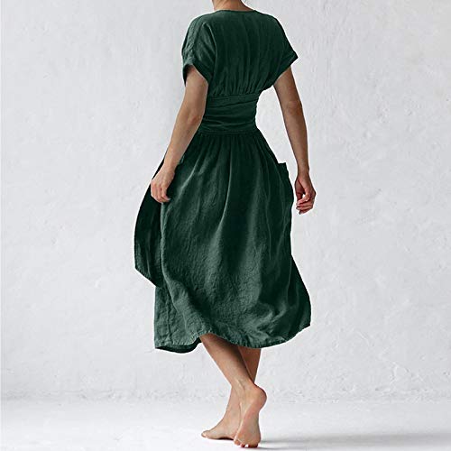 Padaleks Women's Short Sleeve V Neck Shirt Dress Vintage Cotton Linen Belted Casual Beach Maxi Dresses with Pockets
