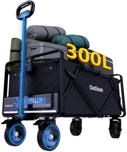 （10:30時点） Outisan 電動キャリーワゴン キャリーカート 大容量300L 耐荷重150kg 折りたたみ式 バッテリー付 防水 大型タイヤ 大容量 135Wh 長距離航続 スマート変速 軽量 キャンプ 防災 引っ越し 機材運搬 アウトドア BBQ 運動会 海釣り 家庭用 非常用 PSE認証 アウトドアワゴン e-Wagon Air ブラック