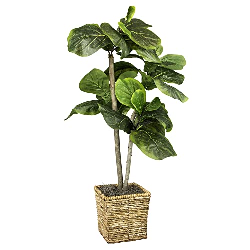 Artificial Fiddle Leaf Fig Tree 3.2Ft Faux Indoor Floor Tree In Square Basket With Faux Dirt, Mini - Fake House Plant And Home Décor For Living Room, Office, Kitchen, Or Farmhouse - By Lcg Florals #TOP20