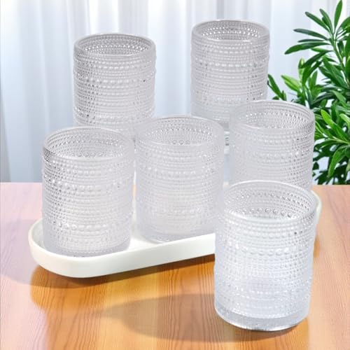 Image of Kookee Jupiter Vintage Hobnail Bubble Glass Double Old Fashioned Tumbler | Whiskey Cocktail Bourbon Glasses Set of 6 | Textured Beaded Barware 300ml (12117)