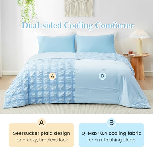 Cozy Bliss Cooling Comforter King Size Seersucker Plaid, Q-Max 0.4 Reversible Lightweight Cooling Blanket, Breathable Silk Smooth Summer Bedding Quilt for Hot Sleepers Night Sweats Blue