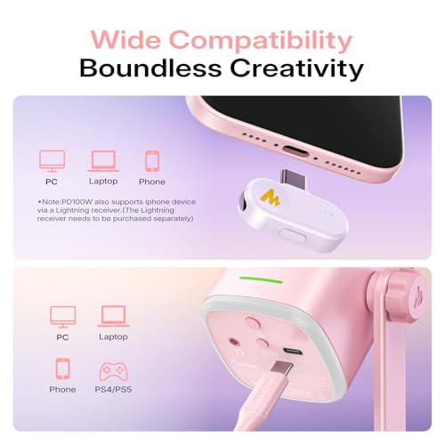 Image of MAONO PD100W Wireless USB Dynamic Microphone, Gaming PC Mic with One-Click Noise Reduction,Mute Button,Custom RGB,3.5mm Headphone Jack,Software,Podcast Streaming Mic (Boom Arm(USB-C Receiver), Pink)