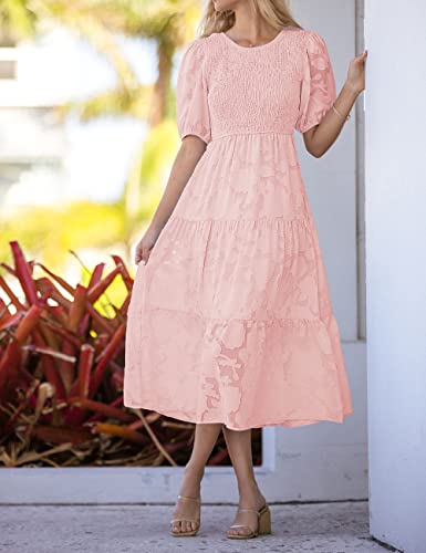 Merokeety Summer Dress For Women Elegant Smocked Short Puff Sleeve Floral Solid Midi Maxi Dresses,Pink,L #TOP5