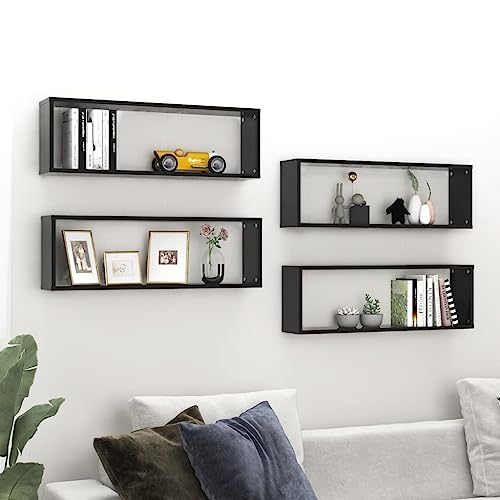 WHOPBXGAD Estanterías de salón Estantería multiusosEstante Cubo Pared 4uds contrachapado Negro Brillo 80x15x26,5cmAdecuado para Dormitorio Baño