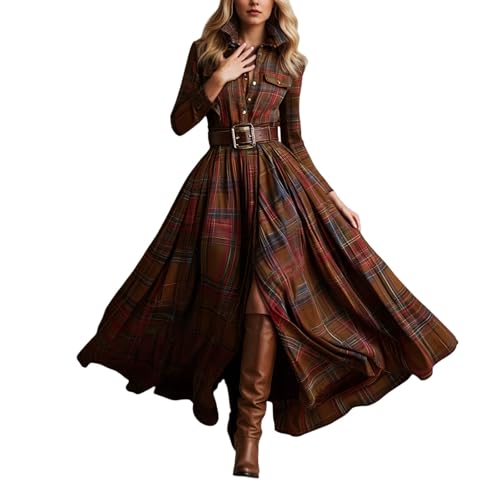 Hemdkleid Damen Lang Langarm Kariert Herbstkleid Elegant Winterkleid A Linie Maxi Kleid Winter mit Kragen Lange Kleider Retro Temperament Langkleid...