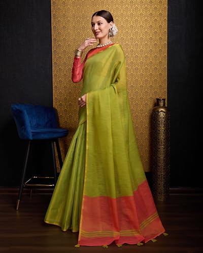Image of SWORNOF Women's Linen Cotton Silk Saree with Unstitched Blouse Piece | Saree for Women | Saree with Blouse Piece | Soft and Skin Friendly