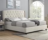 Roundhill Furniture Nantarre Fabric Tufted Wingback Upholstered Bed with Nailhead Trim, King, Tan
