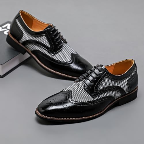 Men's Leather Upper & Houndstooth Accent Brogue Shoes, Classic Pointed - Toe Business Formal Dress Shoes with Lace - up Style, Perforated Patterns and Stable Sole4