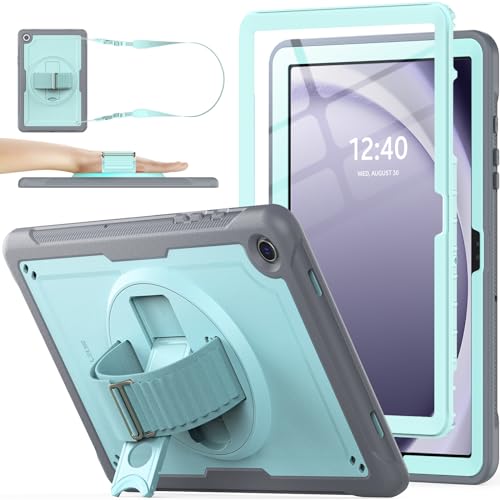 SEYMAC stock for Samsung Galaxy Tab A9 Plus/A9+ Case 11'' 2023, Full Body Shockproof Case with Screen Protector, 360 Rotating Hand Strap/Stand, Shoulder Strap, Galaxy A9 Plus Tablet Case, Skyblue/Gray