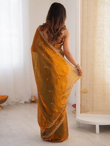 Image of AKHILAM Women's Shimmer Tissue Embroidered Saree With Unstitched Blouse Piece
