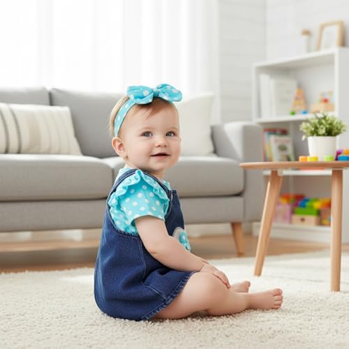 Image of Baby Girl Clothes Newborn Ruffle Romper Elephant Jeans Skirt 0-18M | Soft Romper, Adjustable Jean Skirt with Headband Elephant Butterfly Design, Snap Closure, Everyday Wear