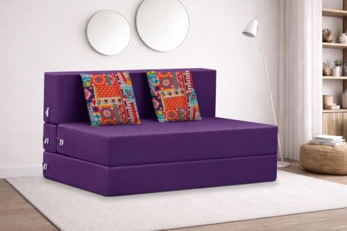 Image of Rosebell (4x6 Feet 2 Seater Foldable Sofa Cum Bed Jute Fabric, Washable Removable Cover, | Space Saving Convertible Sofa Bed for Home, Office & Guests - Purple