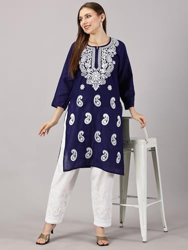 Image of FCH, Fashionable Chikan Handikraft Women's Cotton Lucknowi Chikankari Printed Straight Kurta for Regular Wear Girls Flared Kurta