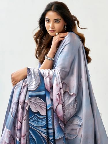 Image of Satrani Women's Satin Digital Printed Saree with Unstitched Blouse Piece