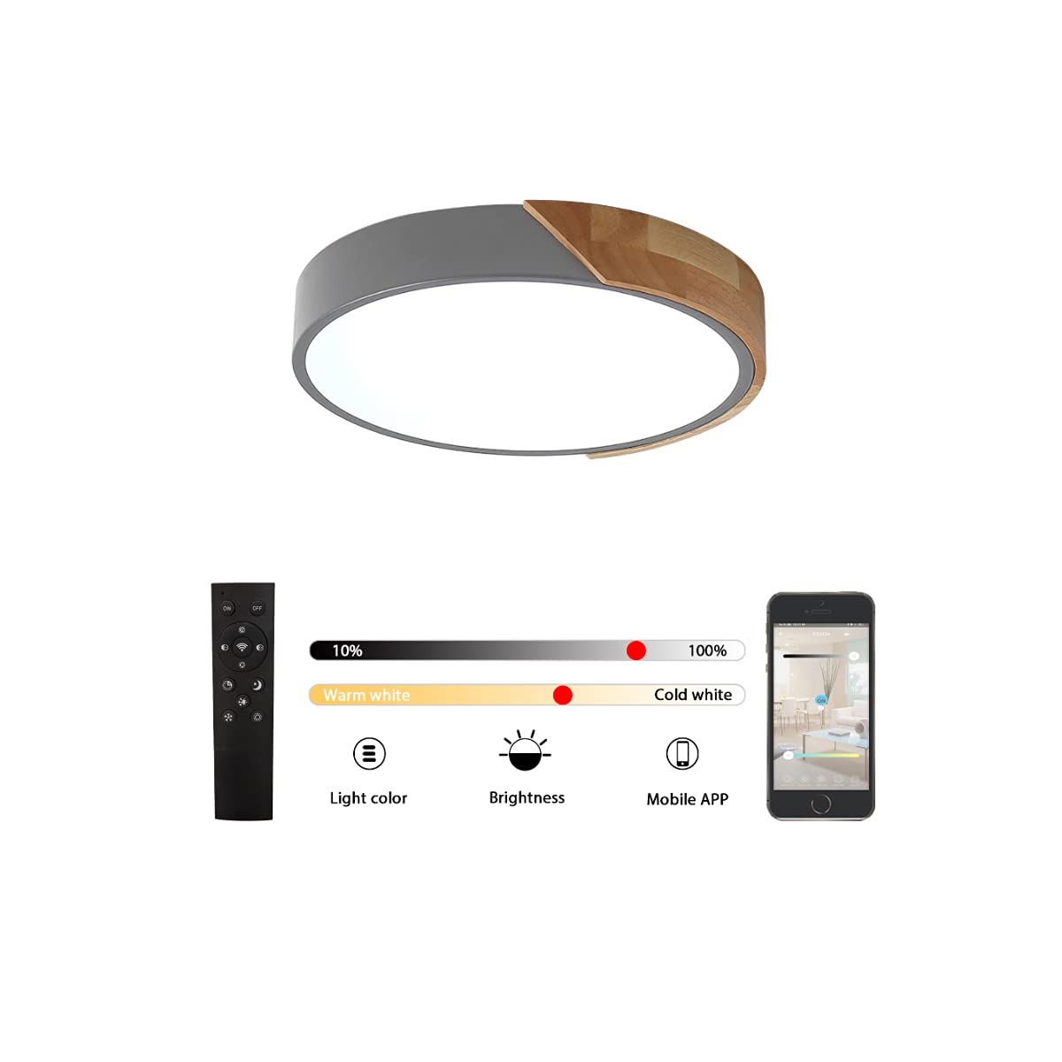 GHiycotdl Ceiling Light,24W Dimmable Wood Flush Ceiling Lights, Light Fitting Ceiling for Living Room Bedroom Kitchen Lounge Hallway 30 * 5CM 12 inch (Grey)