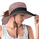 Ponytail Sun Bucket Hats for Women UV Protection Foldable Mesh Wide Brim Hiking Beach Fishing Summer Safari(Pink)
