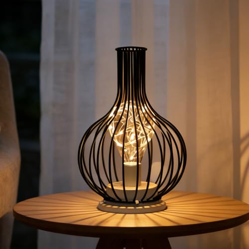 WRQIOO Lampe de table vintage à piles en forme de cage - Lampe de table sans fil avec guirlande lumineuse LED chaude - Lampe de chevet industrielle pour salon, table de chevet, salle à manger, jardin
