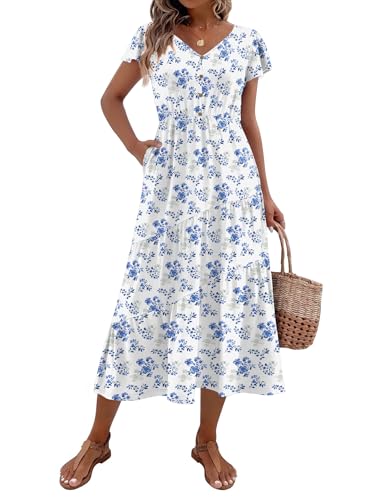 Image of Zeagoo Women's Summer Casual Dress Flutter Short Sleeve V Neck Button Down Tiered Flowy Long Dress with Pockets